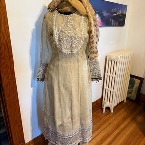 Embroidered Cream Women's Dress with Sheer Sleeves